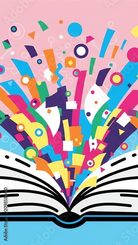 Colorful geometric shapes bursting from an open book