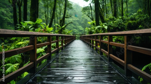 A wooden bridge leads through a lush green forest on a rainy day