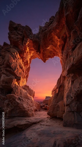 View of a cave with a sunset in the background