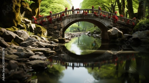 A serene stone bridge with red railings spans a calm river in a lush green forest
