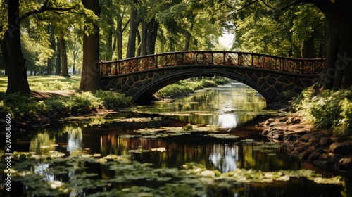 A serene stone bridge spans a peaceful river in a lush green forest