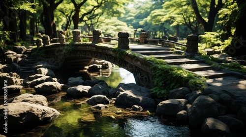 A serene stone bridge spans a tranquil forest stream on a sunny day