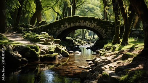 A serene stone bridge spans a tranquil forest stream surrounded by lush greenery