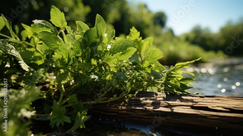 A lush green plant growing on a log by a serene body of water