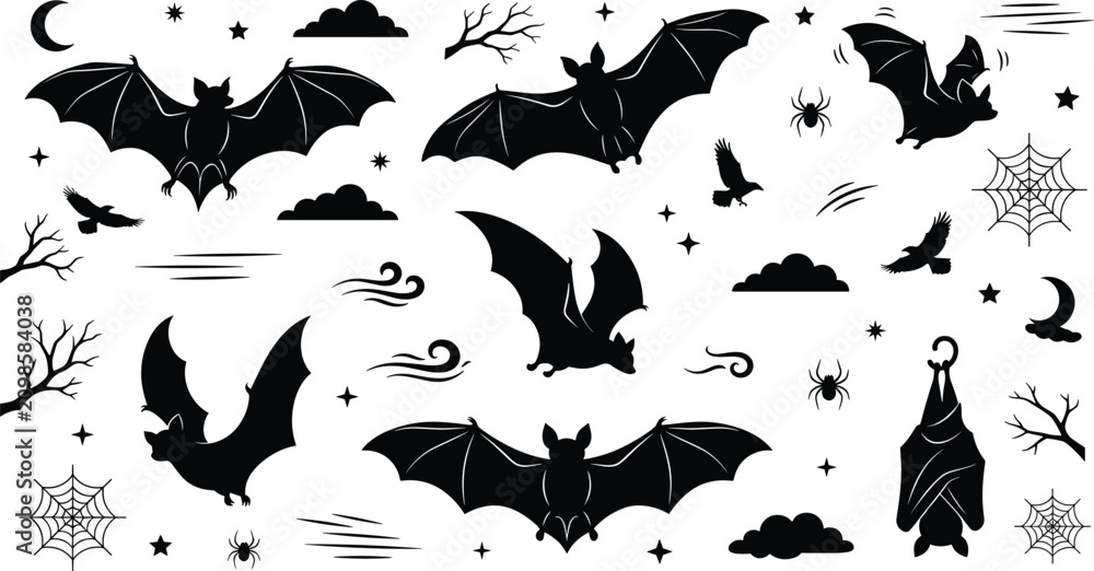 Obraz premium Spooky Halloween Flying Bats Silhouette Vector Element Set Featuring Hanging Bat, Creepy Spider Webs, Night Sky Clouds, Stars, and Bare Winter Tree Branches