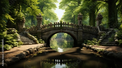 A serene stone bridge spans a tranquil pond in a lush green forest