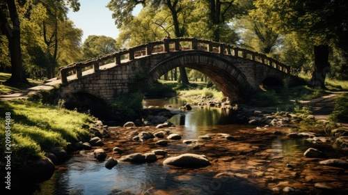A serene stone bridge spans a gentle river in a lush forest