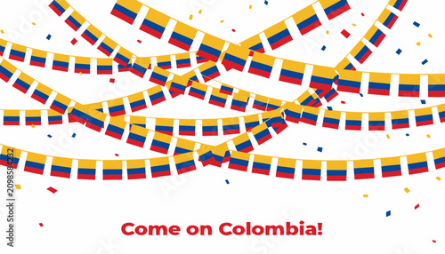 Colombia flag bunting with festive confetti, patriotic Colombian national celebration banner, Come on Colombia sports support graphic isolated on White Background