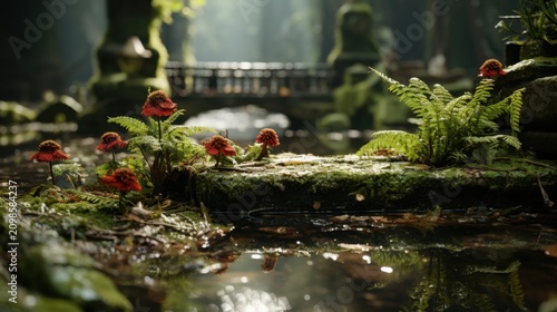 A serene forest scene with red flowers growing on a mossy rock