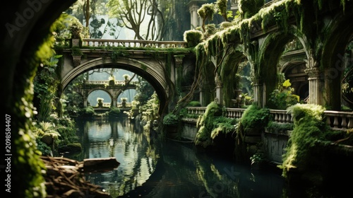 A serene and mystical bridge over a tranquil body of water in a lush green forest