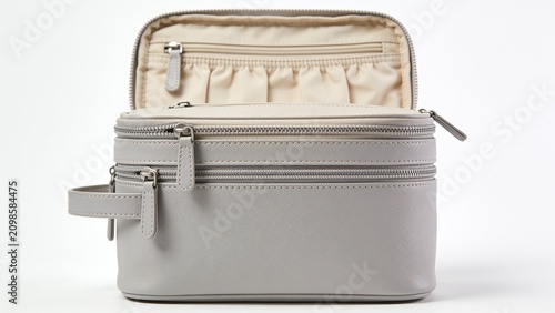 Elegant Light Gray Leather Cosmetic Bag with Zippered Compartments and Handle on White Background
