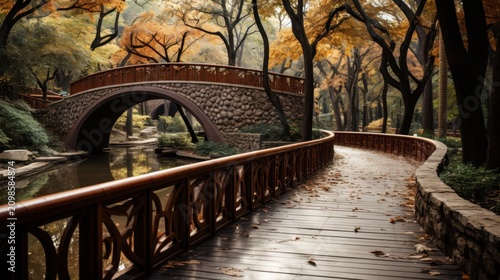 A serene wooden bridge and walkway in a park during autumn