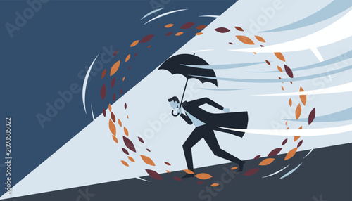 Businessman struggling to walk against powerful wind and swirling autumn leaves while holding an umbrella during a stormy weather event.