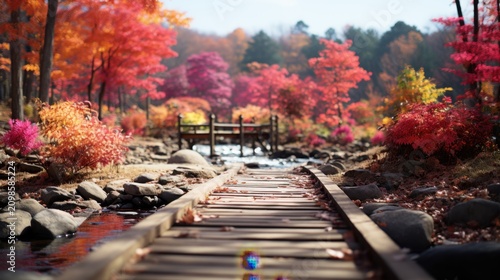 A wooden bridge spans a small stream in a vibrant autumn forest