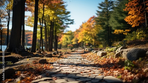 A serene autumnal stone pathway surrounded by vibrant trees and foliage