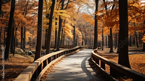 A winding wooden boardwalk through a vibrant autumn forest with orange leaves