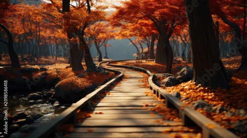 A winding wooden boardwalk through a vibrant autumn forest with a stream