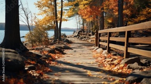 A serene wooden boardwalk surrounded by vibrant autumn trees and overlooking a calm lake