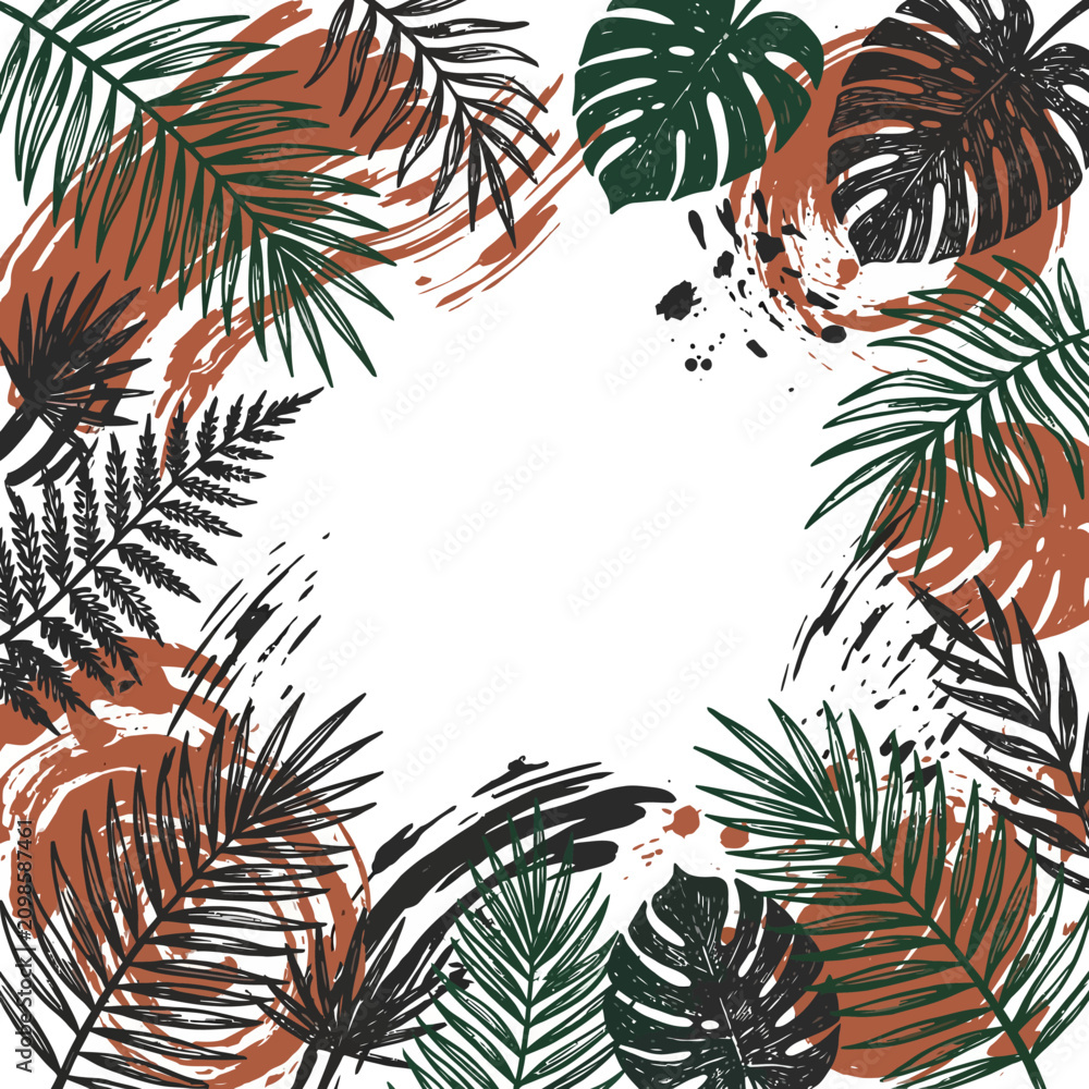 Naklejka premium Abstract botanical frame with tropical leaves and textured brush strokes