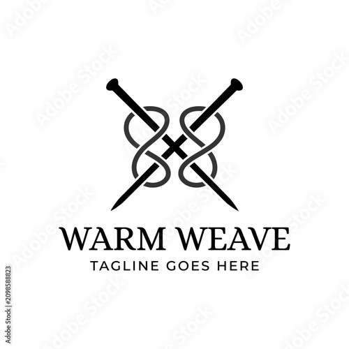 Creative knitting needles and yarn wool icon for textile handicrafts.