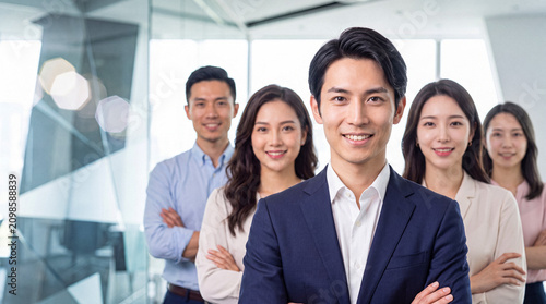 Fotografie Smiling Asian businessman in a dark suit standing confidently with his diverse team in a bright modern office