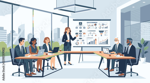 Tableau sur toile Business professionals engaged in a meeting with a presenter standing by a large chart display in a contemporary office setting with cityscape view