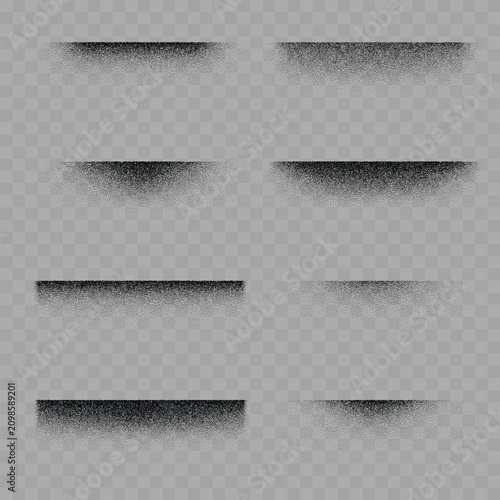 Vector Stipple Gradient Set. Black Noise Grain Textures, Dotted Horizontal Borders and Fading Shadows on Transparent Background.