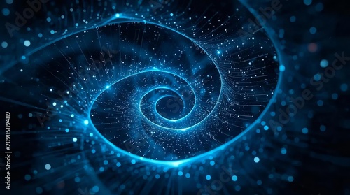 Abstract Spiral Light Structure with Blue Particles in Motion