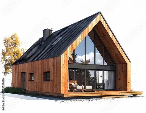Modern wooden house with large glass facade and peaked roof
