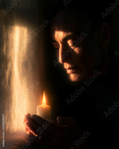 A tasteful moment of faith: a woman gently lighting a candle in quiet prayer and gratitude at a sunlit home window, soft golden light, stillness and hope, unbranded and IP-safe with copy space