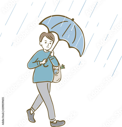 雨風強い中、買い物帰りに傘をさして歩く男性