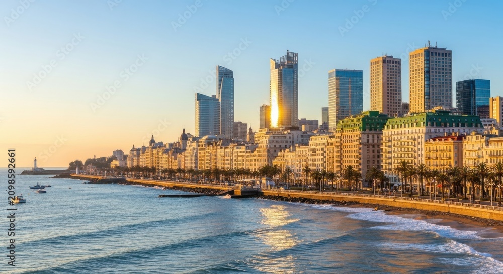 Fototapeta premium Vibrant City Skyline on a Golden Coastline at Sunset