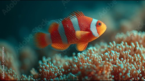 A small orange and white striped fish swimming in a coral reef