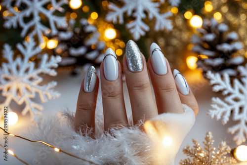 Themed Christmas manicure bright silver glitter colors with holiday attribute patterns AI Generative