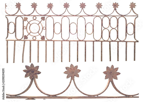 Фотография Metal fence panel architecture element flower finial geometry pattern repeat wrought iron material rust texture transparent background png cutout isolation design asset construction boundary security