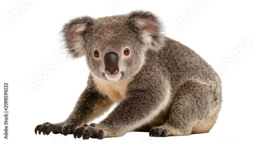 Photography Fluffy grey koala sitting on the ground, isolated on transparent background
