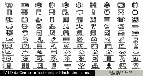 Ai data center infrastructure black line icons set for design