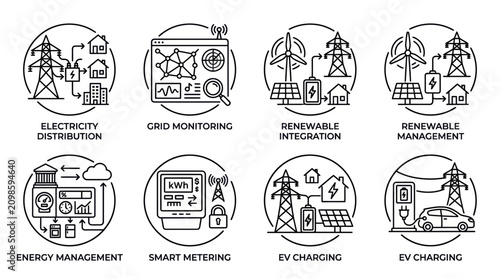 Vector icons of smart energy and electricity distribution concepts