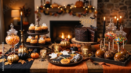 Halloween Dessert Buffet with Witch Hat Tiered Cake and Spooky Treats
