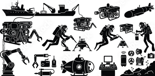 Slika na platnu Underwater and marine equipment vector icons set