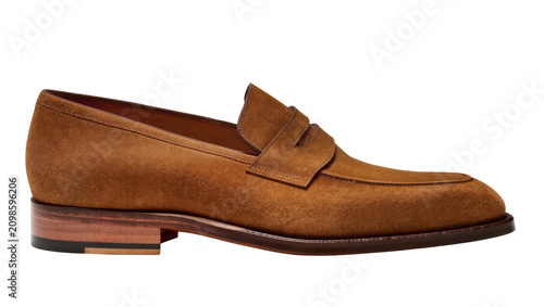 Canvas Print Brown suede penny loafer shoe with stacked heel, isolated on transparent backgro