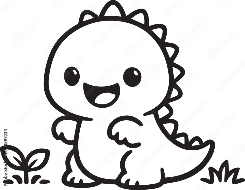 Obraz premium Adorable baby dinosaur character with happy expression in nature setting line drawing.