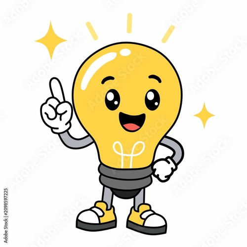 Cute light bulb mascot pointing up with a bright idea. Fun cartoon vector for innovation, creativity, education, and business