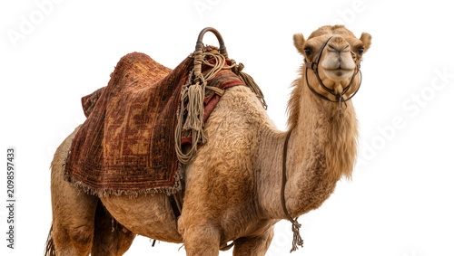 Foto Camel with ornate saddle and bridle, isolated on transparent background