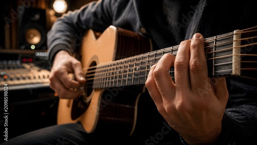Close up of a male musician hands playing acoustic guitar with steel strings in a dimly lit cozy music studio with blurred warm lights