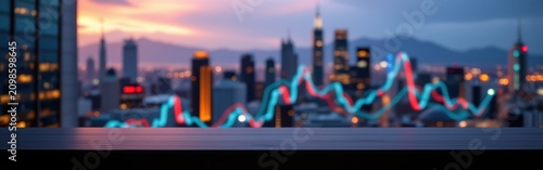 City skyline at sunset with glowing neon financial graph overlay on glass surface.