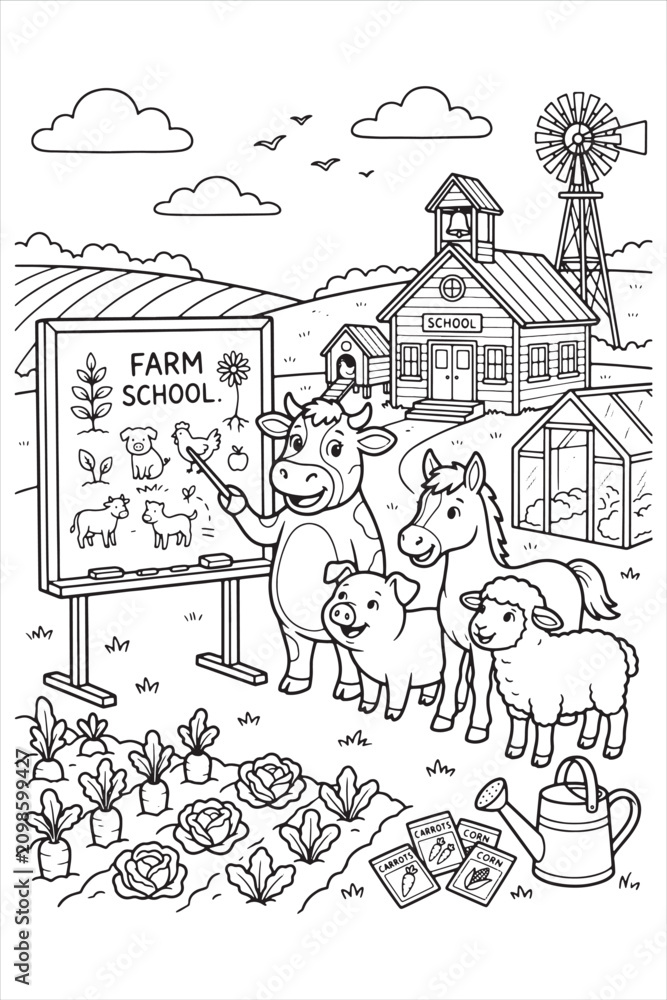 Obraz premium Charming Farm Scene with Animals and School Setting in Black and White Illustration