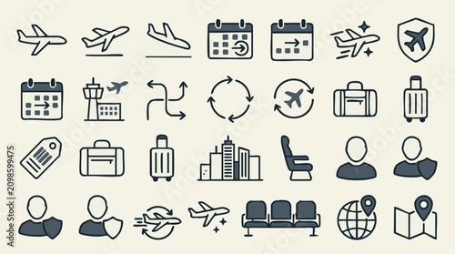 Vászonkép Travel and Aviation Icons Set: Airport, Flights, Luggage, and Destinations