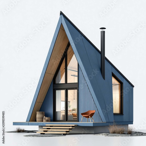 minimalist A Frame tiny cabin isolated on white background, architectural visualization, realistic exterior render, premium commercial presentation, clean shadows