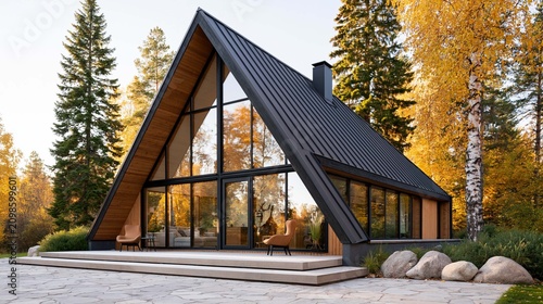 luxury eco A Frame cabin surrounded by autumn forest, floor to ceiling windows reflecting nature, warm sunlight, minimalist architecture, premium travel photography